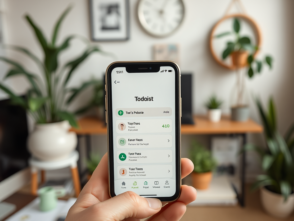 На изображении телефон с приложением Todoist, показывающим список задач и оформление в зелёных тонах.