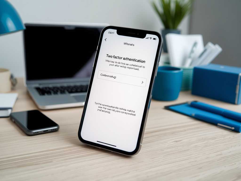 На экране смартфона текст о двухфакторной аутентификации и настройках. На столе ноутбук и офисные принадлежности.