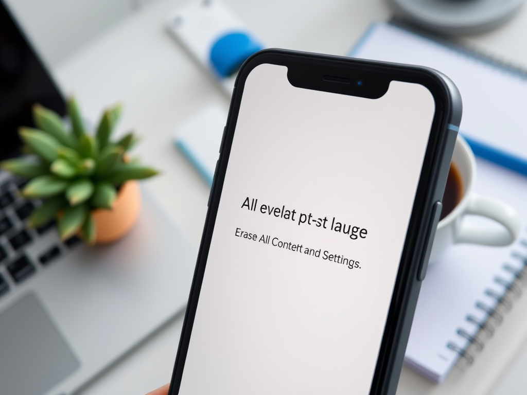 На экране телефона сообщение об удалении всех данных и настроек. На фоне стол с растением и кофе.