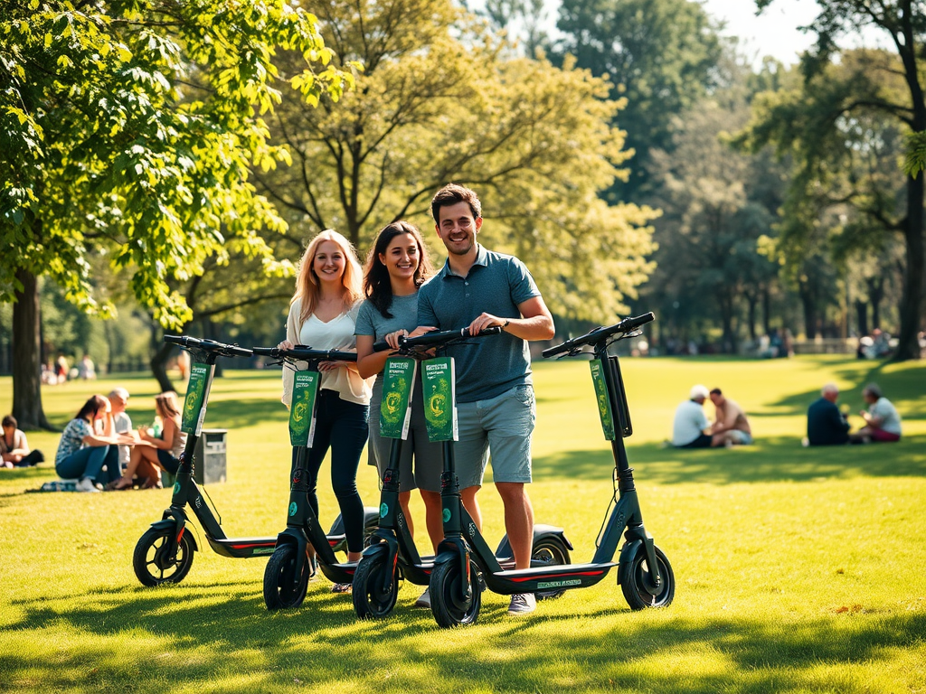 Трое друзей позируют с электро scooters на зелёной траве в парке под солнечным светом.